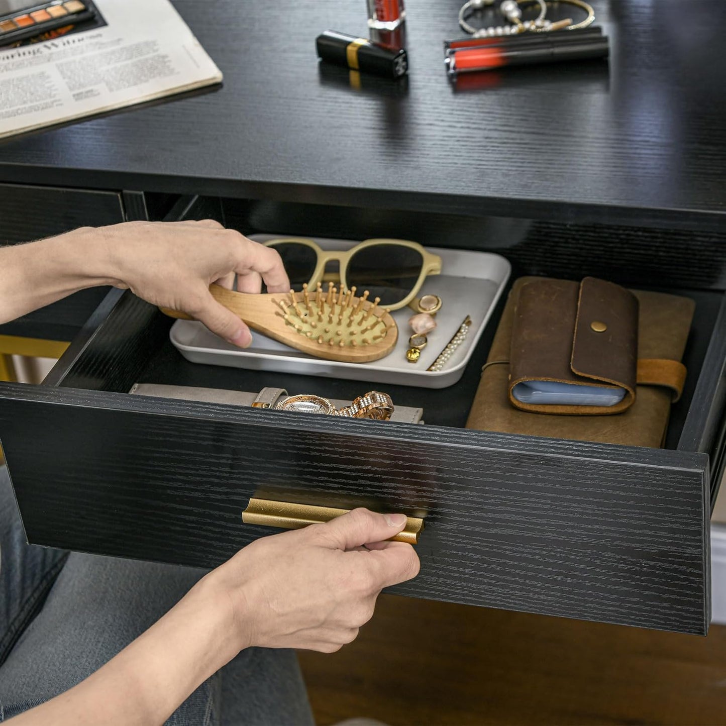 Coiffeuse Table de Maquillage avec Tabouret, Miroir et éclairage intégré, 2 tiroirs, étagères, Coiffeuse Moderne pour Chambre à Coucher, Noir