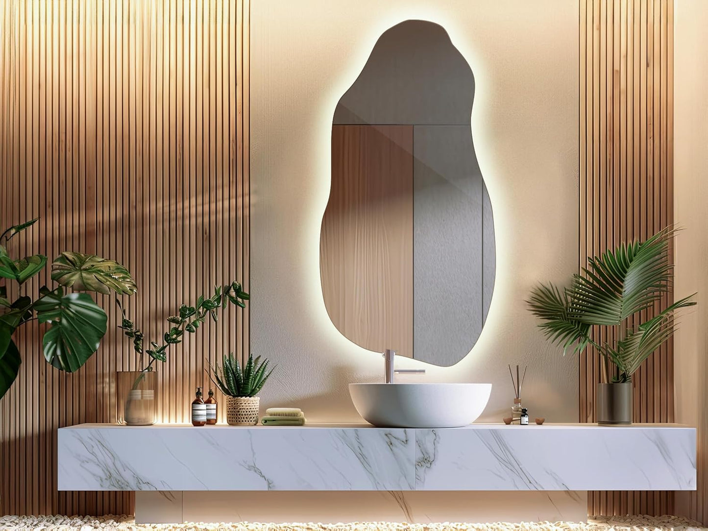 Tulup Miroir LED 50x100 cm Grand Moderne Irrégulier Miroir mural Organique Asymétrique Tache pour Salle de Bains Salon Vertical avec éclairage Lumière chaude