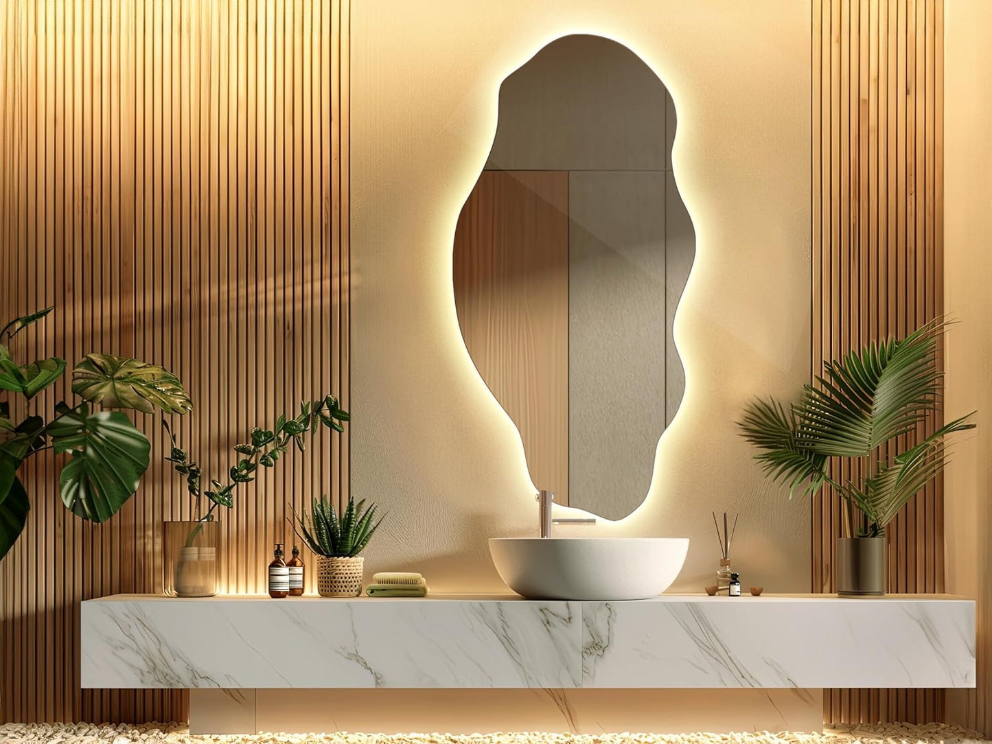 Tulup Miroir LED 50x100 cm Grand Moderne Irrégulier Miroir mural Organique Asymétrique Tache pour Salle de Bains Salon Vertical avec éclairage Lumière chaude