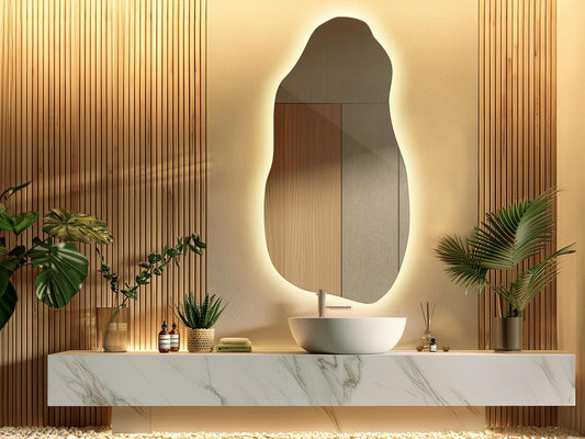 Tulup Miroir LED 50x100 cm Grand Moderne Irrégulier Miroir mural Organique Asymétrique Tache pour Salle de Bains Salon Vertical avec éclairage Lumière chaude