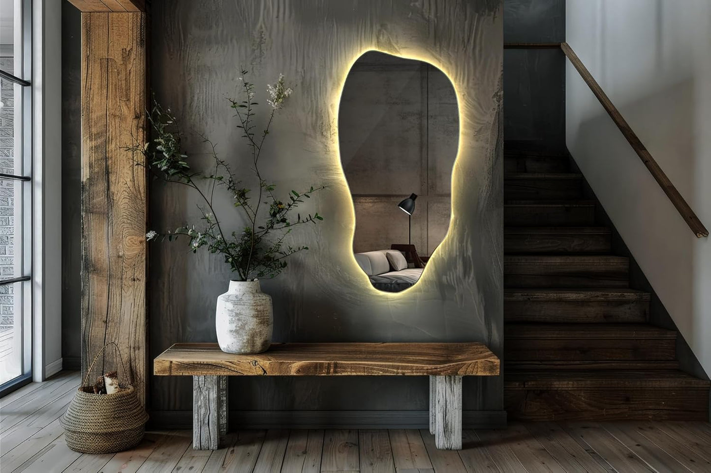 Tulup Miroir LED 50x100 cm Grand Moderne Irrégulier Miroir mural Organique Asymétrique Tache pour Salle de Bains Salon Vertical avec éclairage Lumière chaude