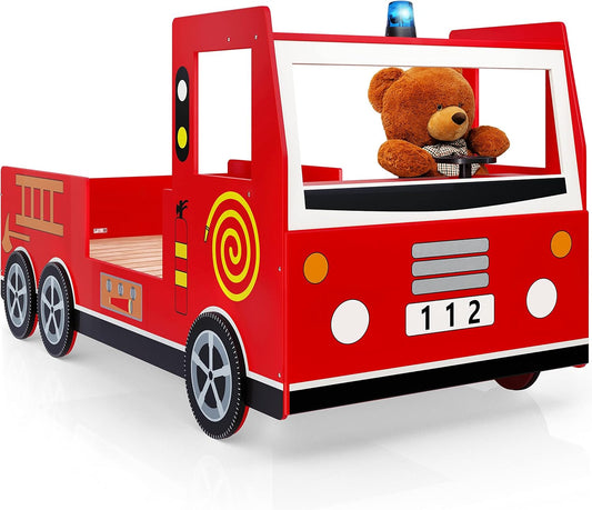 Lit Enfant Design Camion Pompier Rouge 90x200cm Lit pour Enfants avec sommier à Lattes Inclus ludique