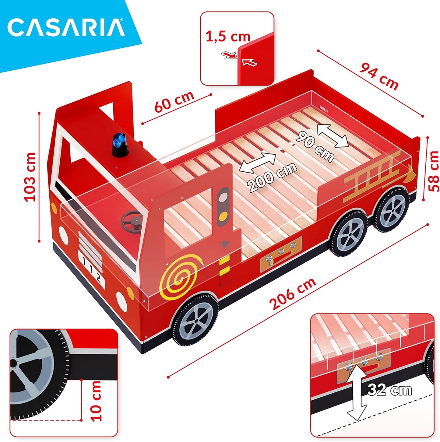 Lit Enfant Design Camion Pompier Rouge 90x200cm Lit pour Enfants avec sommier à Lattes Inclus ludique