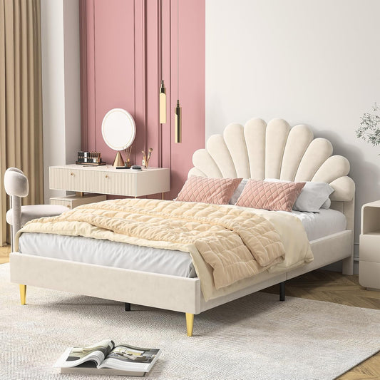 Double bed frame, 140 x 200 cm, upholstered with soft headboard, solid wood slats and velvet, double bed frame with wooden slats (without mattress) 