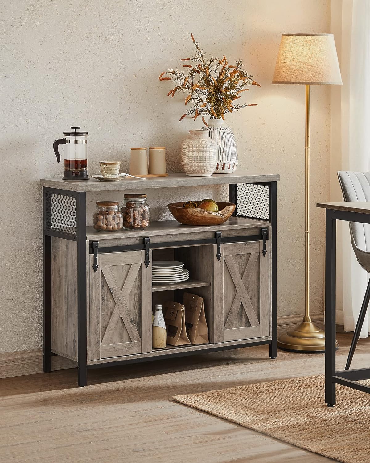 Buffet Cuisine, Meuble de Rangement, Commode, avec 2 Portes Coulissantes, 33 x 100 x 80 cm, Étagères Réglables, pour Salon, Marron Camel et Noir d'encre