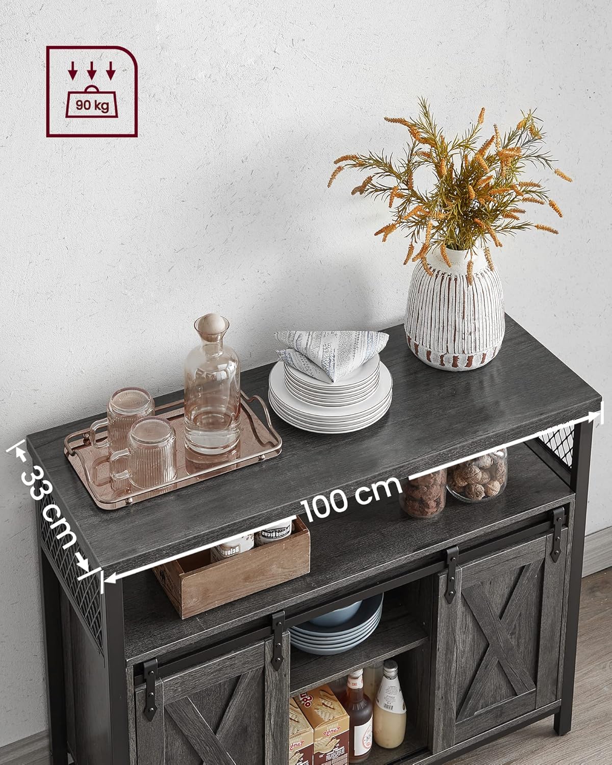 Buffet Cuisine, Meuble de Rangement, Commode, avec 2 Portes Coulissantes, 33 x 100 x 80 cm, Étagères Réglables, pour Salon, Marron Camel et Noir d'encre