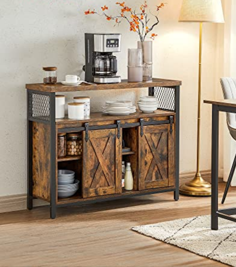 Buffet Cuisine, Meuble de Rangement, Commode, avec 2 Portes Coulissantes, 33 x 100 x 80 cm, Étagères Réglables, pour Salon, Marron Camel et Noir d'encre