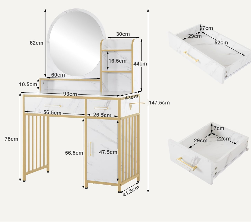 Coiffeuse avec miroir, table de maquillage avec 2 tiroirs, 3 étagères ouvertes, table cosmétique en bois, structure en métal, marbre blanc or, 43 * 104 * 147.5 cm, 2501