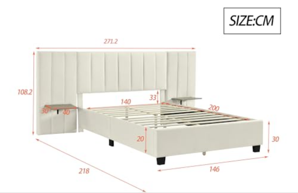 Double bed 140 x 200 cm, upholstered bed with elongated headboard and backrest, shelves on both sides of the headboard, with slatted base, beige velvet fabric